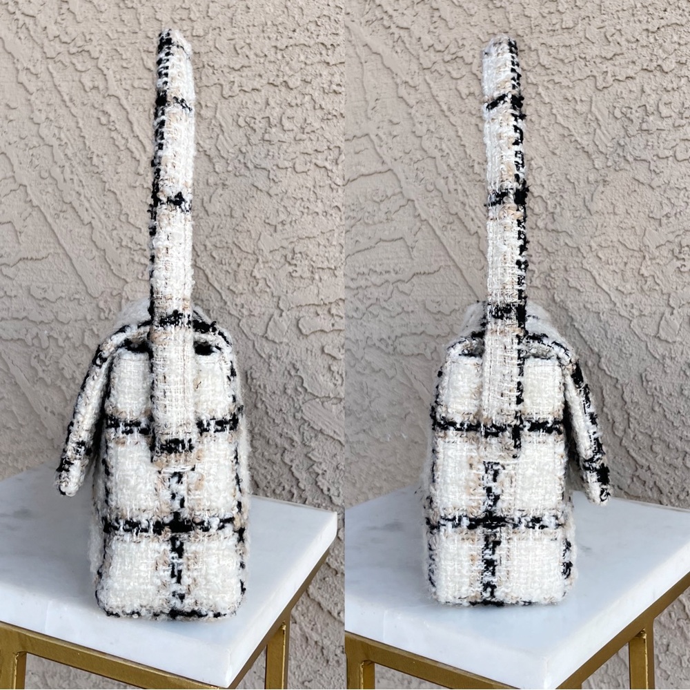 ANINE BING Black & White Textured Wool Tweed Plaid Flap Nico Shoulder Bag - Picture 12 of 17
